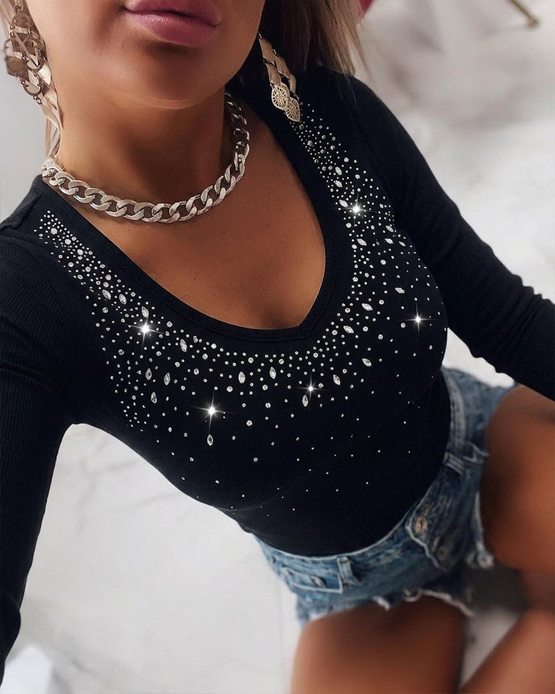 Women's Rhinestone Scoop Neck Long Sleeve Top Slim Fit Ribbed Knit Tee