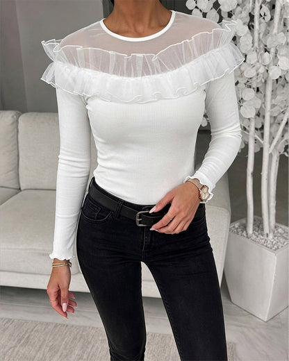 Women's Ruffle Sheer Mesh Spliced Long Sleeve Ribbed Knit Top
