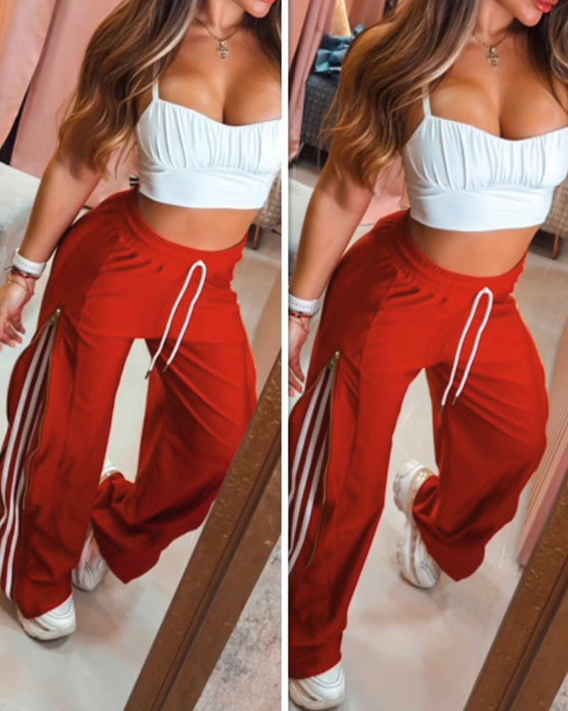 Contrast Side Striped & Zipper Slit Side Drawstring Elastic Waist Trousers Casual Wide Leg Pants
