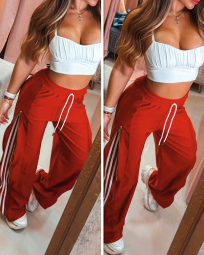 Contrast Side Striped & Zipper Slit Side Drawstring Elastic Waist Trousers Casual Wide Leg Pants