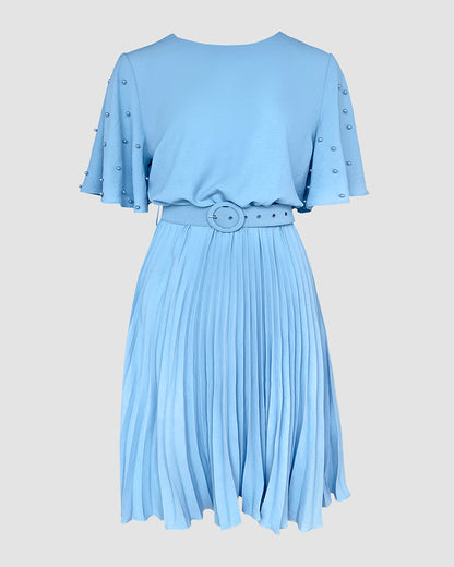 Pearls Decor Short Sleeve Cinched Waist Pleated Dress Elegant Butterfly Sleeve Midi Dress with Belt