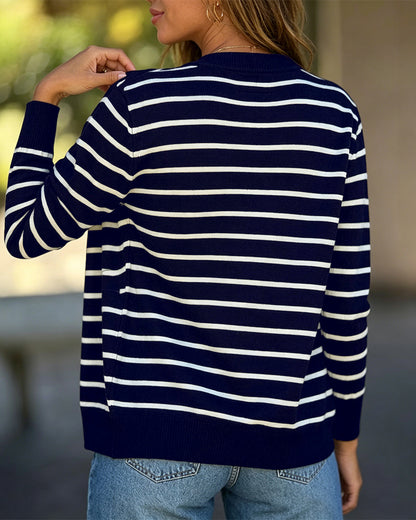 Women's Striped Knit Cardigan Casual Crewneck Button Down Sweater Vintage French Style Long Sleeve Top