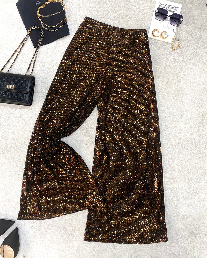 High Waist Allover Sequin Wide Leg Flared Nightout Party Pants