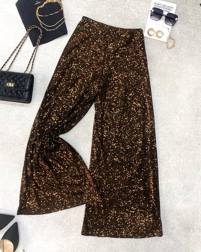 High Waist Allover Sequin Wide Leg Flared Nightout Party Pants