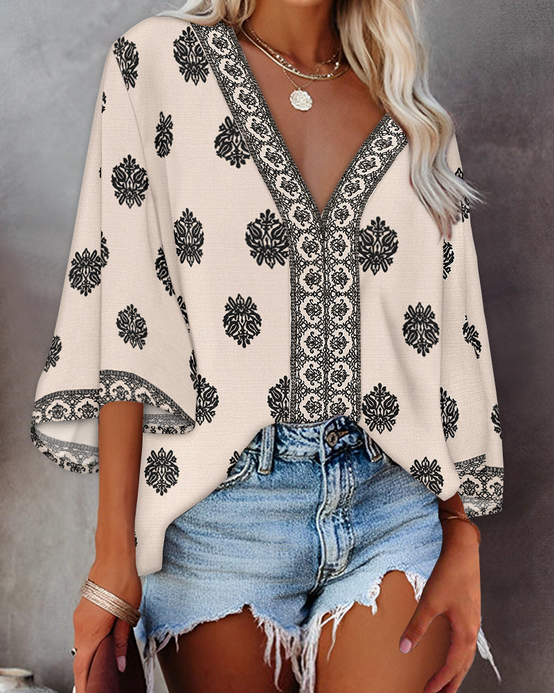 Floral Print V Neck Long Sleeve Blouse Casual Loose Fit Top
