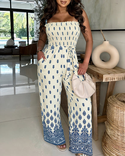 CHICME Women's Bohemian Print Jumpsuit 2-Way Strapless Wide Leg Romper with Shirred Bodice and Pockets