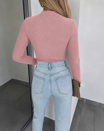 Women's Overlap V Neck Long Sleeve Ribbed Knit Top Rhinestone Side Button Ruched Slim Fit Asymmetric Hem Sweater