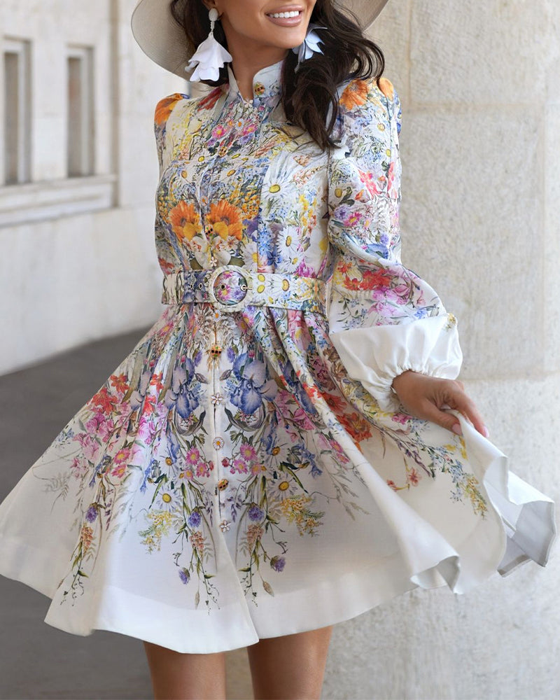 French Style Floral Print Stand Collar Lantern Sleeve Mixed-shape Button Down Dress Elegant Palace Style Cinched Waist Umbrella Hem Dress with Belt