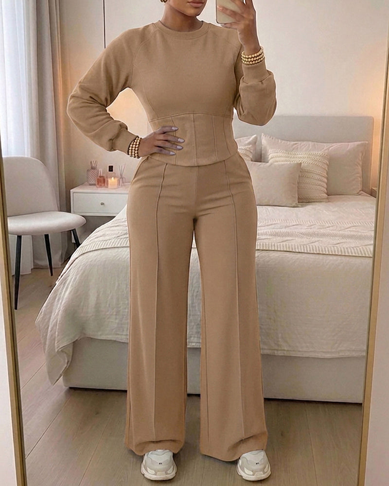 2 Pieces Outfit O-neck Long Sleeve Cinched Waist Sweatshirt and Elastic Waist Wide Leg Pants Set Casual Seam Design Sweatpants Set