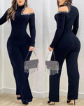 Women's Cold Shoulder Rhinestone Long Sleeve Jumpsuit Mock Neck Flare Leg Overalls