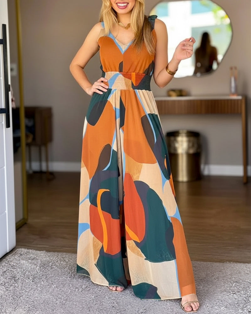 Abstract Print V-Neck Stretchy Thick Straps High Waist Backless Overalls Casual Shirred Waist Cinched Waist Wide Leg Jumpsuit