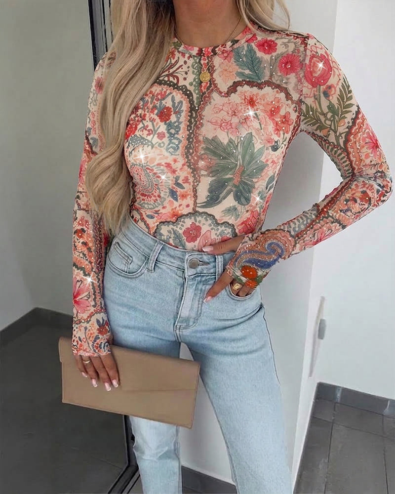 Women's Vintage Floral Rhinestone Mesh Top Slim Fit Long Sleeve Tee with Thumb Holes
