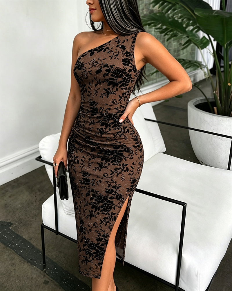 Women's Glitter One Shoulder Flocked Floral Mesh Bodycon Dress Ruched Slit Party Dress