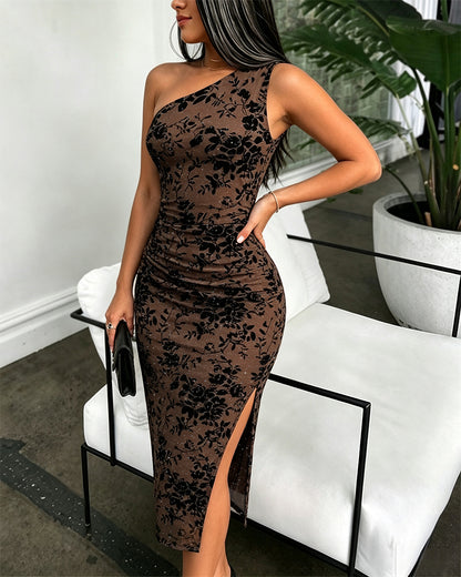 Women's Glitter One Shoulder Flocked Floral Mesh Bodycon Dress Ruched Slit Party Dress