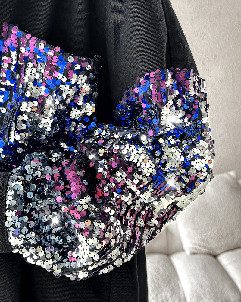 Colorblock Sequin Patchwork Long Sleeve Jacket Top Button Front Raw Hem Shacket