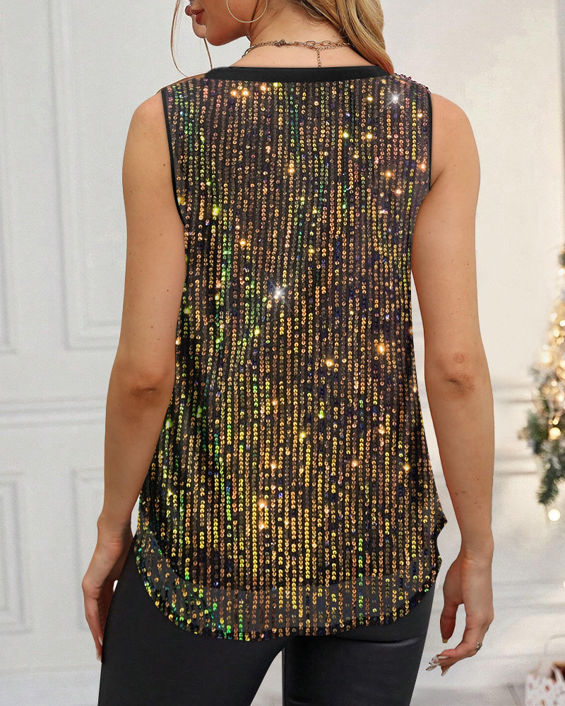 V-Neck Allover Sequin Thick Strap Sleeveless Tank Casual Top