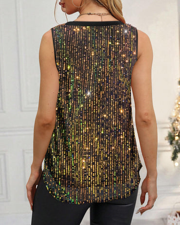 V-Neck Allover Sequin Thick Strap Sleeveless Tank Casual Top