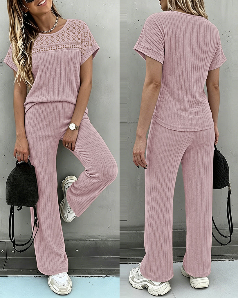 Women's 2 Piece Knit Set Lace Patchwork Short Sleeve Top and Wide Leg Pants Casual Ribbed Brushed Lounge Set