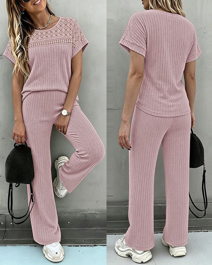 Women's 2 Piece Knit Set Lace Patchwork Short Sleeve Top and Wide Leg Pants Casual Ribbed Brushed Lounge Set