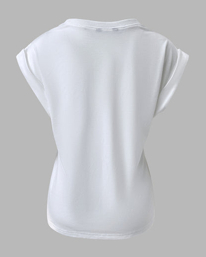 Colorblock Parrots Print O-neck Short Sleeve Tee Casual Rolled Cuffs Top