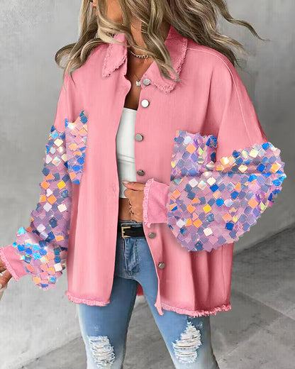 Contrast Sequin Long Sleeve Jacket Top Button Front Raw Hem Loose Fit Shacket