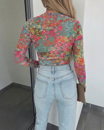 Women's Floral Print Sheer Mesh Top Long Sleeve Slim Fit Crewneck Layering Top with Thumb Hole Cuffs