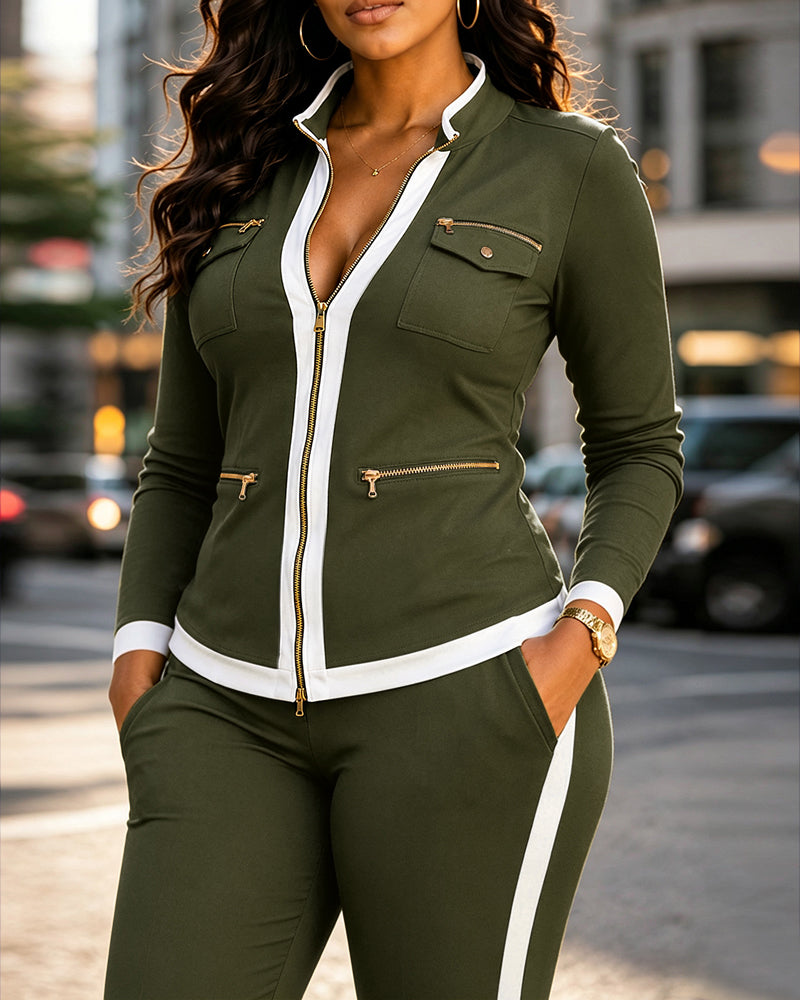 Women's 2 Piece Set Two-Way Zipper Front Stand Collar Top and High Waist Straight Leg Pants Casual Tracksuit
