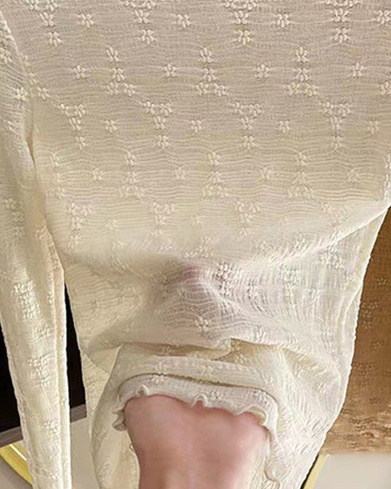 Lace Frill Hem Mock Neck Long Sleeve T-Shirt Sexy Floral Sheer Mesh Hollow Out Top