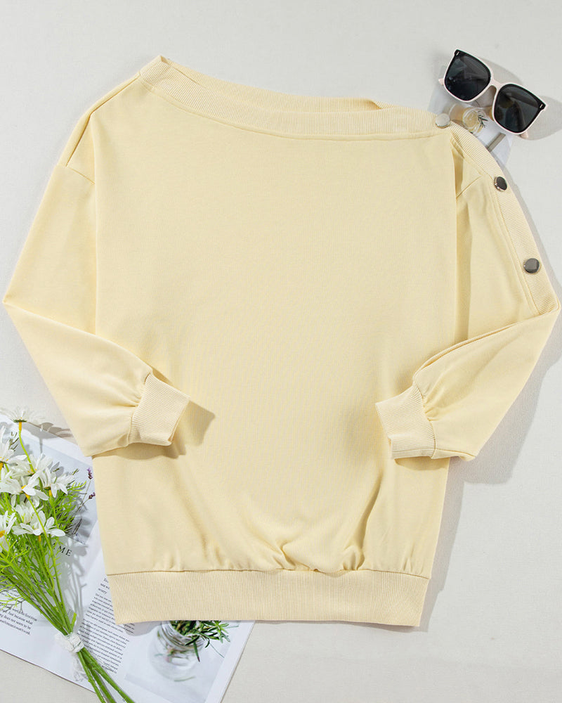 Skew Neck Buttoned Sweatshirt Casual Long Sleeve Pullover Tops Outfits