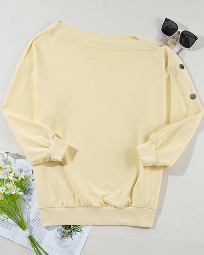 Skew Neck Buttoned Sweatshirt Casual Long Sleeve Pullover Tops Outfits