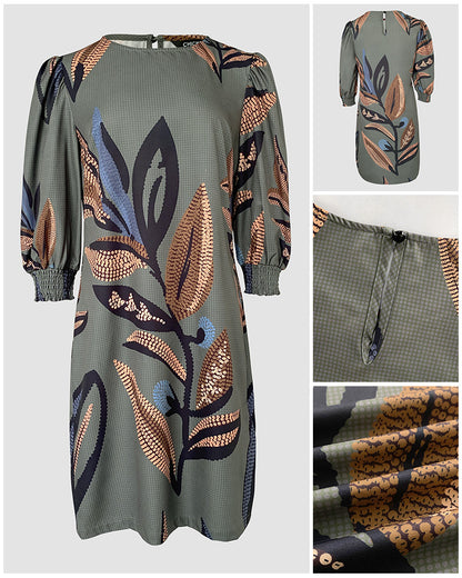Plants Print Round Neck Half Sleeve Midi Dress