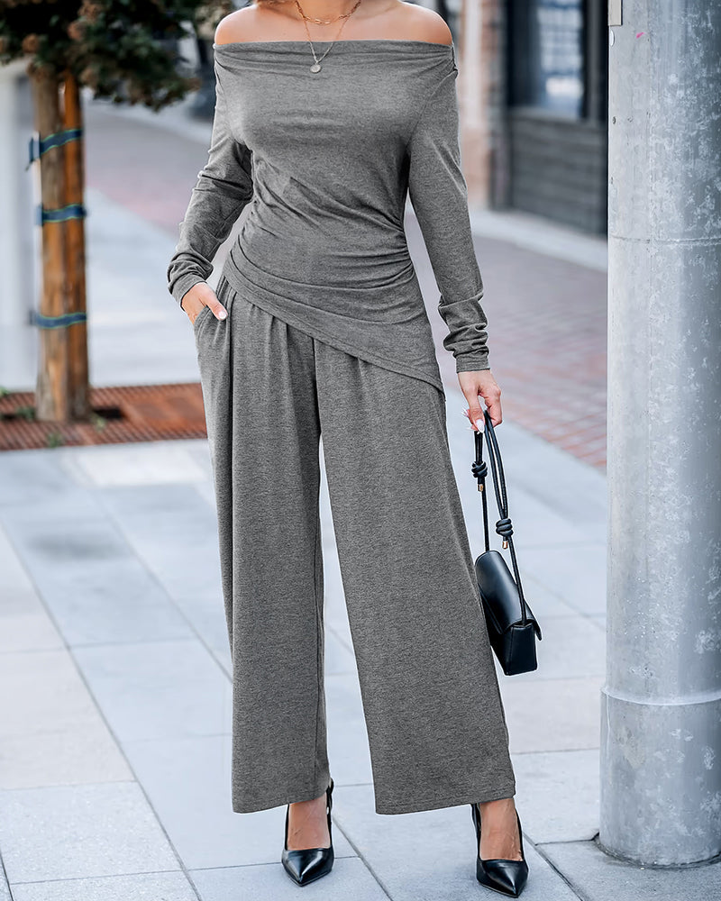 Women's 2 Piece Outfit Off Shoulder Ruched Asymmetrical Top and Wide Leg Pants Set Casual Loungewear