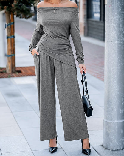 Women's 2 Piece Outfit Off Shoulder Ruched Asymmetrical Top and Wide Leg Pants Set Casual Loungewear