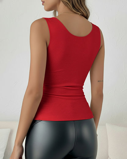 Sheer Mesh Spliced V Neck Sleeveless Built In Bra Tank Casual Warm Fleece Lined Slim Fit Top