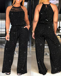 Women's Glitter Halter Tie Jumpsuit Casual Hollow Out Wide Leg Overalls Sparkling Drawstring Waist Jumpsuit with Pockets