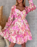 Women's French Floral Dress Sweetheart Neck Puff Sleeve Ruffle A Line Dress Casual Tied Detail Shirred Vacation Dress