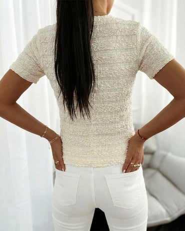 Round Neck Short Sleeve Pearls Button Front Textured Top