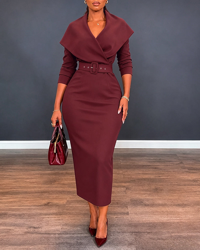 Women's Lapel Collar Wrap V-Neck Long Sleeve Slit Midi Dress with Belt