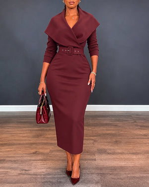 Women's Lapel Collar Wrap V-Neck Long Sleeve Slit Midi Dress with Belt