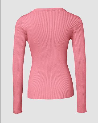 Crewneck Half Zipper Flap Detail Knit Sweater Long Sleeve Slim Fit Ribbed Pullover Top