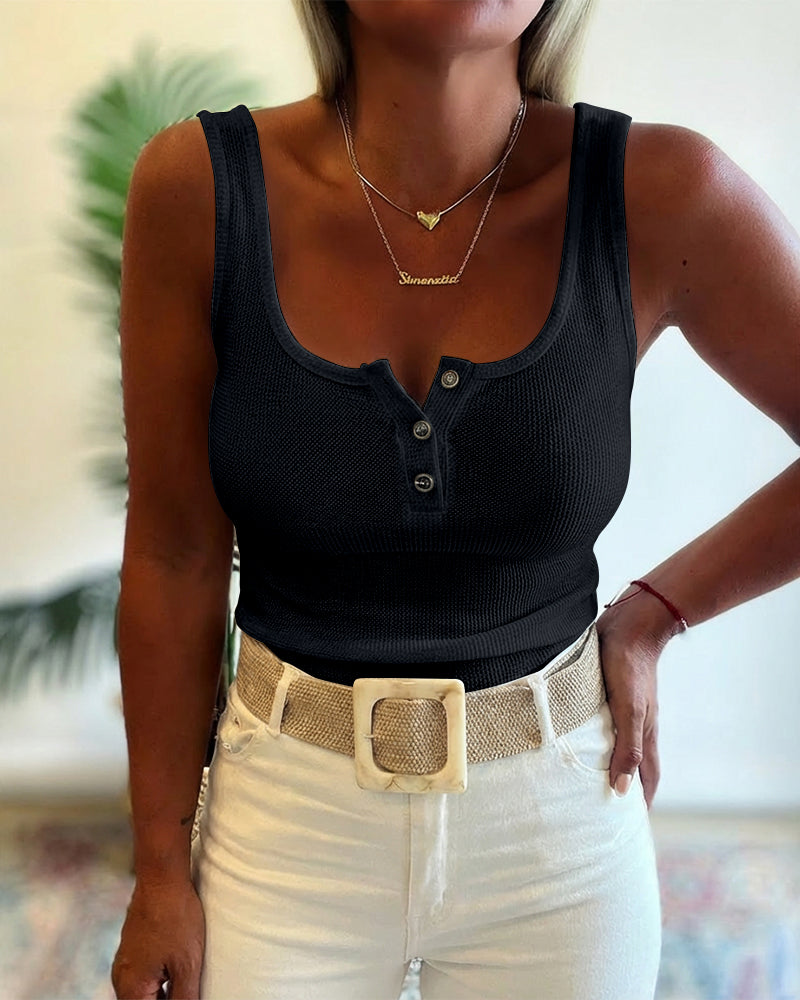 U-Neck Sleeveless Half Button Front Tank Slim Fit Backless Knit Waffle Tank Top