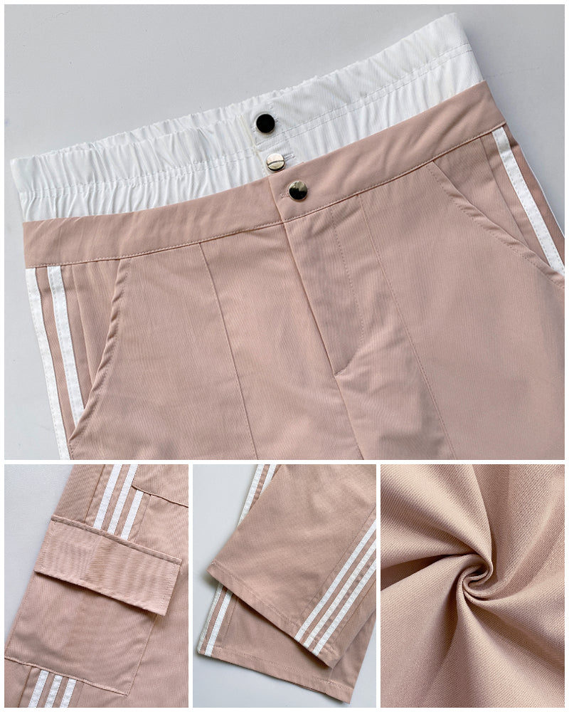 Contrast Side Striped Zipper Fly Stretchy High Waist Pants Flap Pockets Design Double Waistband Cargo Pants