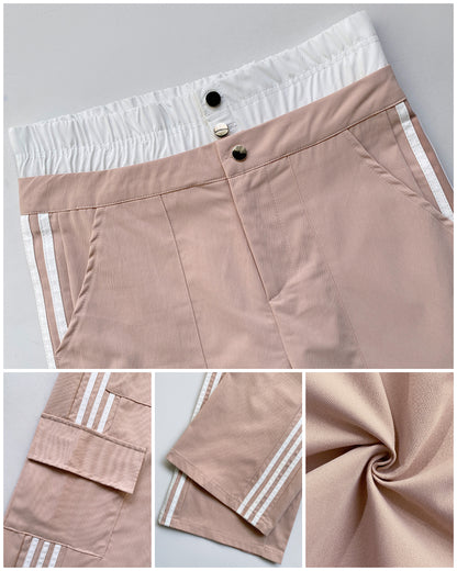 Contrast Side Striped Zipper Fly Stretchy High Waist Pants Flap Pockets Design Double Waistband Cargo Pants