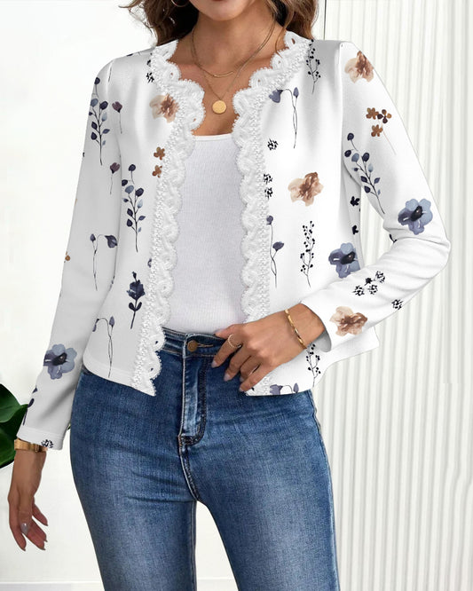 Floral Print Open Front Long Sleeve Casual Contrast Lace Short Cardigan