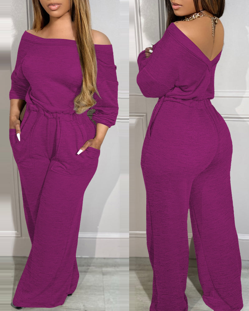 Off Shoulder V Back Elastic Waist Pockets Design Jumpsuit Casual Drop Shoulder Cinched Waist Wide Leg Jumpsuit