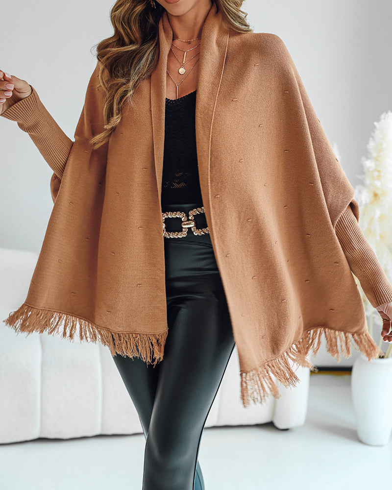 Tassel Design Long Sleeve Slit Cardigan Fashion Versatile Warm Cape Shawl