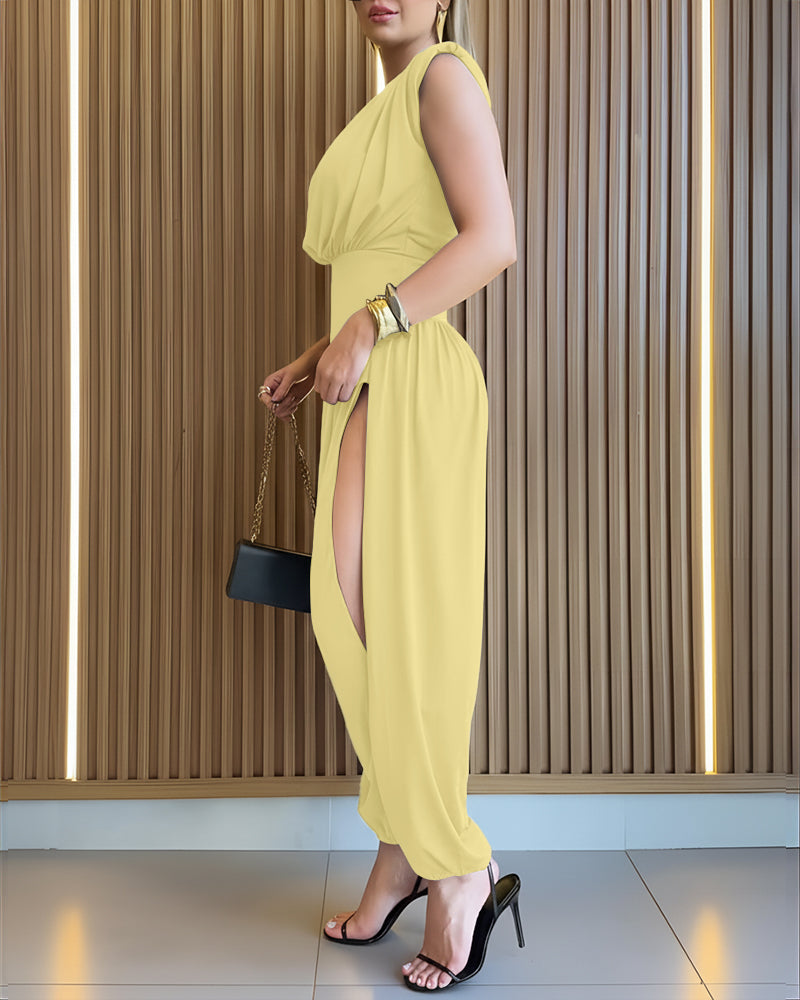 Padded Shoulders Sleeveless Cinched Waist Side High Slit Overalls Casual Hollow-out Back Ruched Jumpsuit