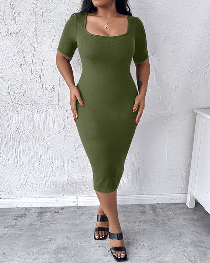 ChicMe Short Sleeve Bodycon Mid-Length Dress Square Neck Slim Fit Dress