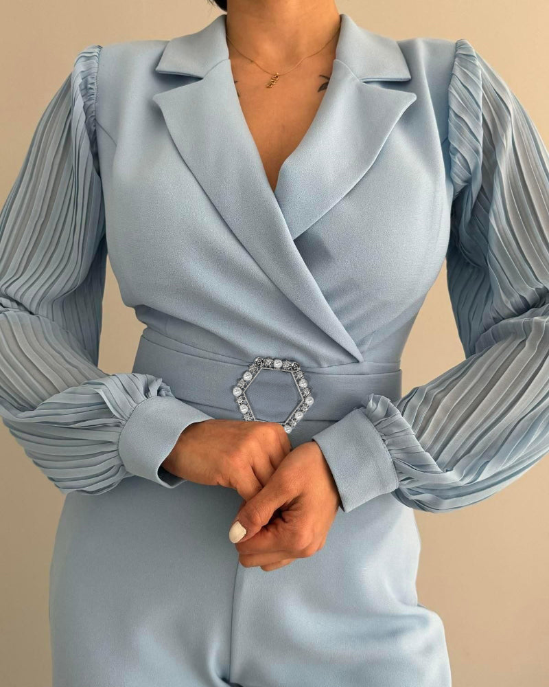 Rhinestone & Pearls Decor Lapel Collar Pleated Long Sleeve Wide Leg Overalls Casual High Waist Zipper Back Jumpsuit