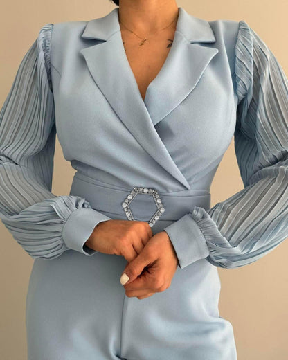 Rhinestone & Pearls Decor Lapel Collar Pleated Long Sleeve Wide Leg Overalls Casual High Waist Zipper Back Jumpsuit